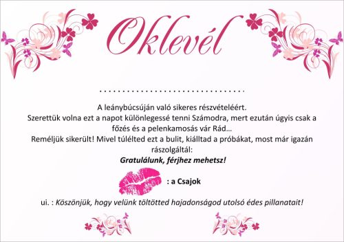 OKLEVÉL LÁNYBÚCSÚRA